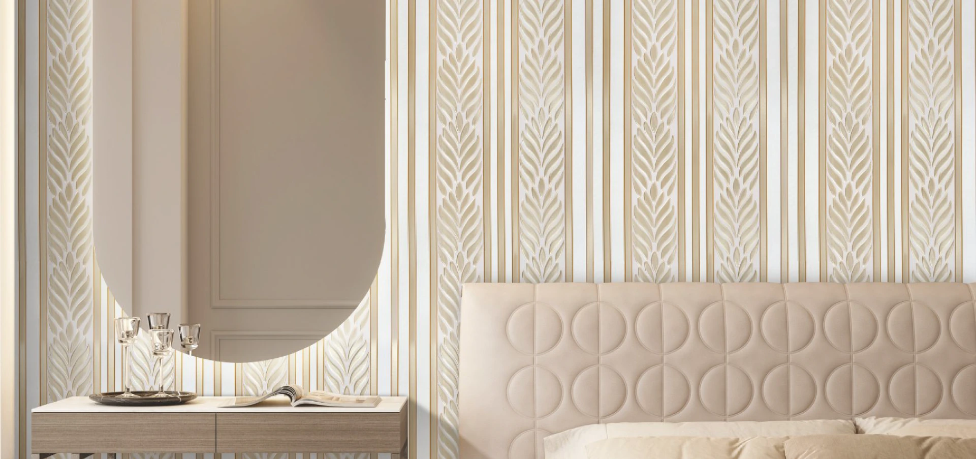 White laminate paired with fabric louvers featuring golden grain accents, ideal for creating a luxurious and contemporary interior design.