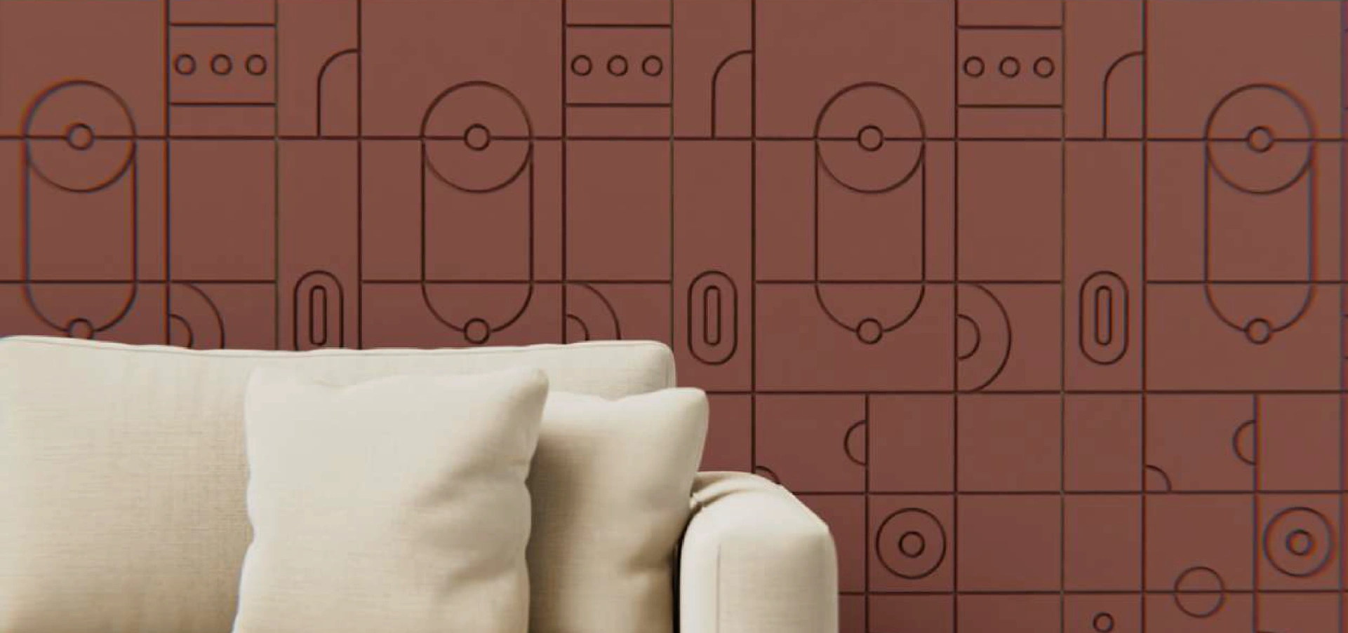 Coco brown handcrafted wall panel featuring a modern art design behind a beige sofa, with a ceramic coating finish.