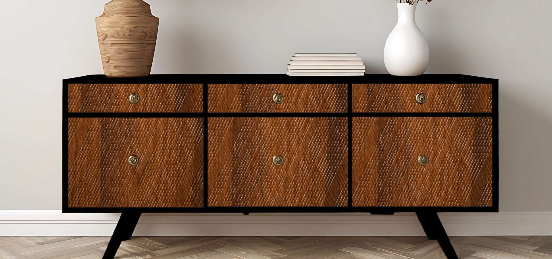 A detailed view of Embossed Veneer interior product showcasing its textured surface and elegant, intricate patterns.