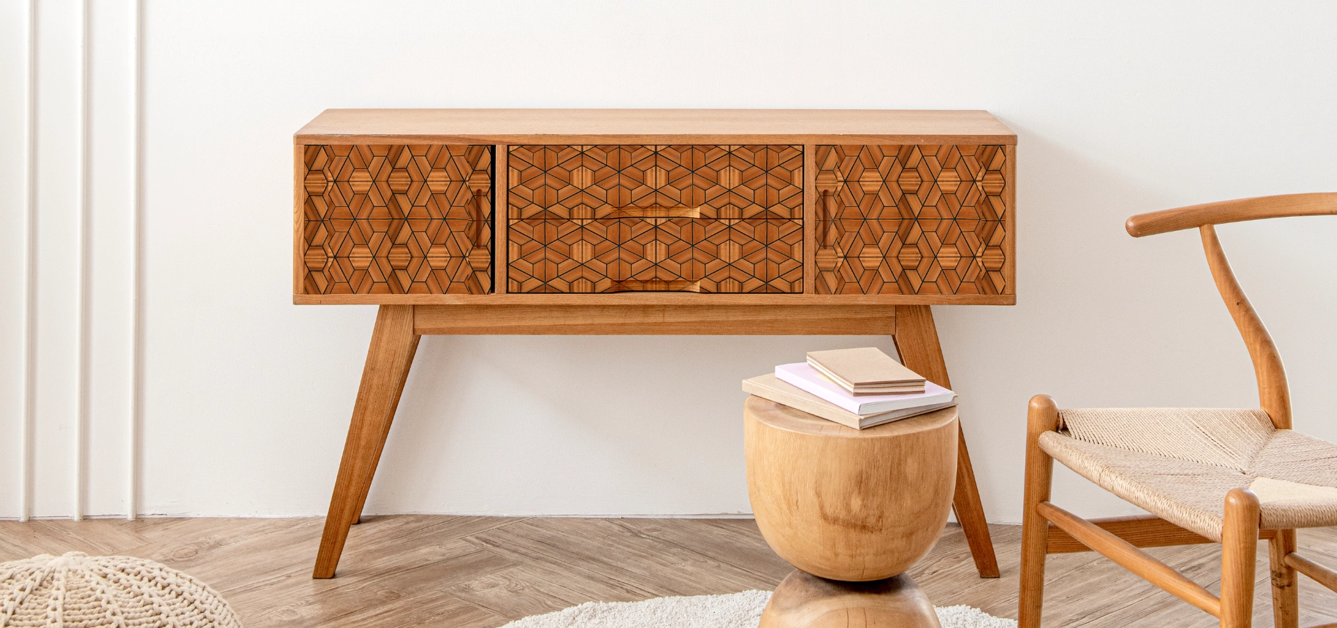 Wooden sideboard with intricate 3D hybrid veneer geometric patterns, surrounded by minimalist decor.