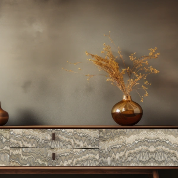 A decorative natural veneer on a console unit that is a mix of sandy and brown shades.