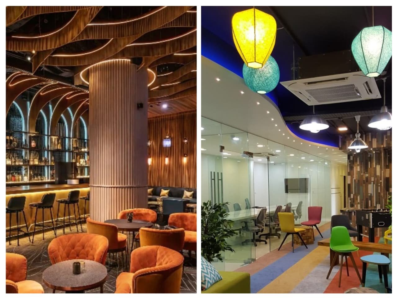 Modern Bangalore cafe and office showcasing commercial interior design trends with creative materials and restaurant design elements