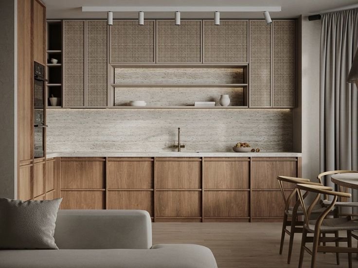 Rattan cane furniture paired with decorative laminates in a modern living room